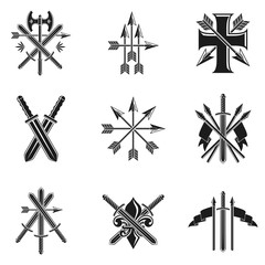 Vintage Weapon Emblems set. Vintage vector design elements collection. Retro style label, heraldry.