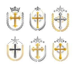 Fototapeta na wymiar Crosses of Christianity emblems set. Heraldic vector design elements collection. Retro style label, heraldry logo.