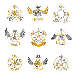 Pentagonal Stars emblems set. Heraldic Coat of Arms, vintage vector logos collection.