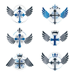 Crosses Religious emblems set. Heraldic Coat of Arms, vintage vector logos collection.