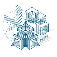 Vector background with abstract isometric lines and figures. Template made with cubes, hexagons, squares, rectangles and different abstract elements.