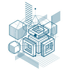 Abstract background with isometric lines, vector illustration. Template made with cubes, hexagons, squares, rectangles and different abstract elements.