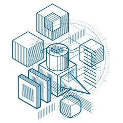 Lines and shapes abstract vector isometric 3d background. Layout of cubes, hexagons, squares, rectangles and different abstract elements.