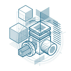 3d abstract vector isometric background. Layout of cubes, hexagons, squares, rectangles and different abstract elements.