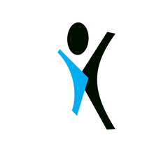 Vector illustration of excited abstract  man with raised reaching up. Successful business career abstract logo. Corporate development icon. Freedom creative symbol.