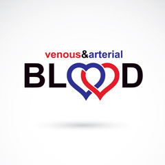 Arterial and venous blood, blood circulation conceptual vector illustration. Cardiology medical care vector emblem for use in pharmacy.