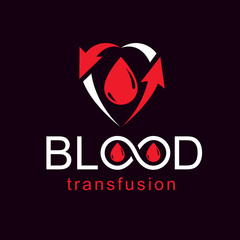 Blood transfusion vector illustration created with red blood drop, arrows and infinity symbol. Medical rehabilitation abstract logo for use in charitable organizations.