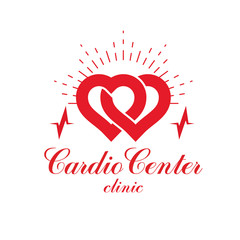 Cardiology vector conceptual logo created with red heart shape and an ecg chart. Cardiovascular illness treatment concept for use as cardio center emblem.