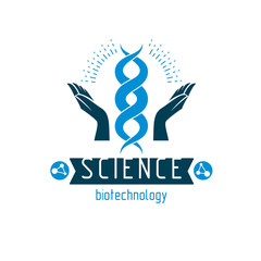 Caring hands hold a model of human DNA. Bioengineering as the direction of genetics, abstract vector scientific symbol best for use in education, science and humanity evolution research.