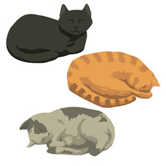 Set of cute sleeping cats, gray, red and black coloring