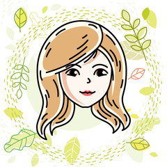 Vector illustration of beautiful blonde female face, positive face features, spring theme clipart.