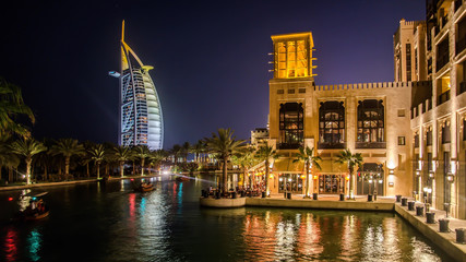 Cityscape of Jumeirah beach with Burj El Arab Hotel. Dubai, United Arab Emirates