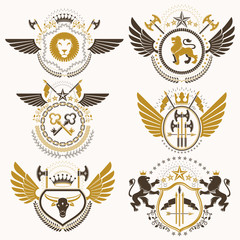 Collection of vector heraldic decorative coat of arms isolated on white and created using vintage design elements, monarch crowns, pentagonal stars, armory, wild animals.