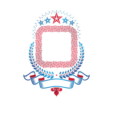 Graphic emblem composed using ancient star, laurel wreath and ribbon. Heraldic vector design element. Retro style label, heraldry logo.