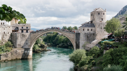Fototapeta na wymiar Mostar, Bosnia Herzegovina - May 1, 2014: Stari Most bridge in Mostar