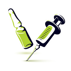 Vector graphic illustration of plastic disposable syringe for medical injections and ampoule with medicine. Antivirus vaccination concept.