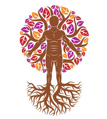 Vector athletic man created as continuation of tree with strong roots and organic autumn leaves. Wanderlust and countryside vacation idea, natural lifestyle.