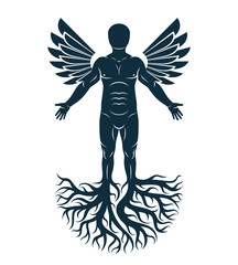 Vector graphic illustration of strong male, body silhouette standing on white background and made using tree roots and bird wings. Tree of life metaphor, family roots.