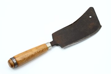 Vintage butcher meat-cleaver on white background, old meat chopper