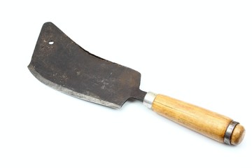 Vintage butcher meat-cleaver on white background, old meat chopper
