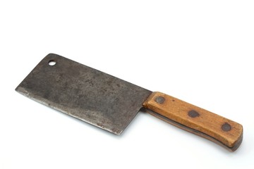Vintage butcher meat-cleaver on white background, old meat chopper
