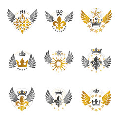 Majestic Crowns and Ancient Stars emblems set. Heraldic Coat of Arms decorative logos isolated vector illustrations collection.