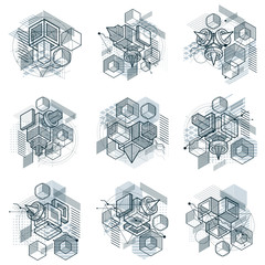 Fototapeta na wymiar Isometric abstract backgrounds with linear dimensional shapes, vector 3d mesh elements. Compositions of cubes, hexagons, squares, rectangles and different abstract elements. Vector collection.