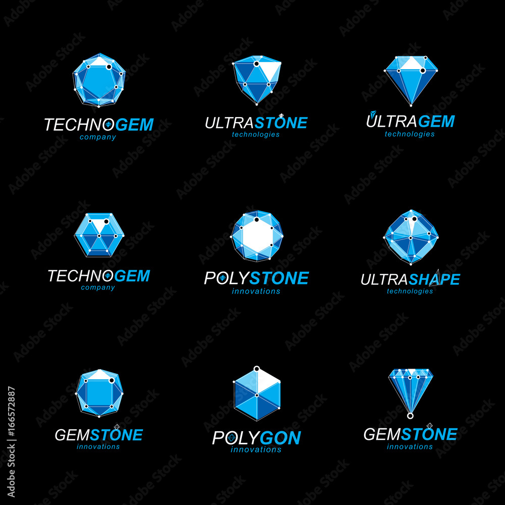 Poster set of abstract 3d faceted figures with connected lines. vector low poly design elements collection.