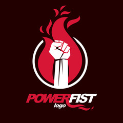 Vector illustration of clenched fist in the burning fire. Revolution idea symbol can be used as tattoo.