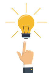 Vector illustration in flat design. Isolated on background. Pointing finger on bulb. Concept of big idea.