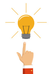 Vector illustration in flat design. Isolated on background. Pointing finger on bulb. Concept of big idea.