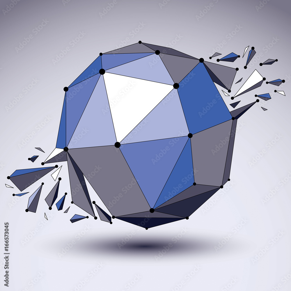 Poster abstract vector low poly wrecked object with black lines and dots connected. 3d origami futuristic f