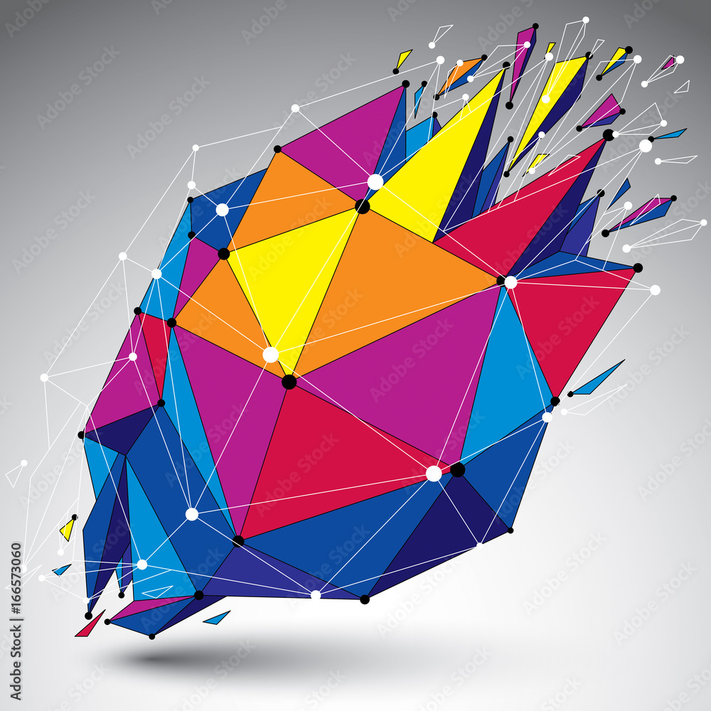 Poster 3d vector low poly object with connected lines and dots, colorful geometric wireframe shape with ref