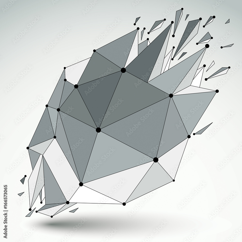 Poster abstract vector low poly wrecked object with black lines and dots connected. 3d origami futuristic f