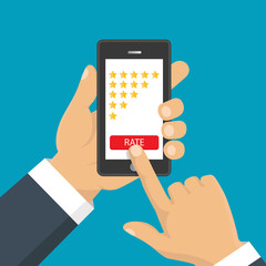 Rating golden stars. Feedback, reputation and quality concept. Hand pointing, finger pointing to five star rating. Customer review concept. Vector