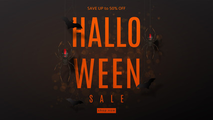 Dark web banner for halloween sale. Festive card with spiders on spider web. Vector illustration with paper bats.