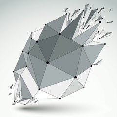 Abstract vector low poly wrecked object with black lines and dots connected. 3d origami futuristic form with lines mesh.