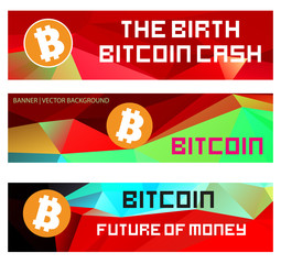 Bitcoin digital currency creative vector banners and design elements. Stylish illustrative money icons. Vector background with the inscription. The Birth Bitcoin Cash.