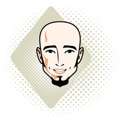 Vector illustration of handsome bald male face with beard, positive face features, clipart.