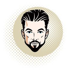 Vector illustration of handsome brunet male face with mustache and beard, positive face features, clipart.