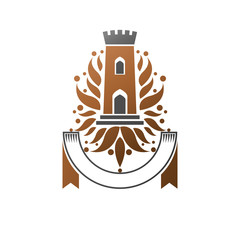 Ancient Fort emblem. Heraldic Coat of Arms decorative logo isolated vector illustration. Retro logotype in old style on white background.