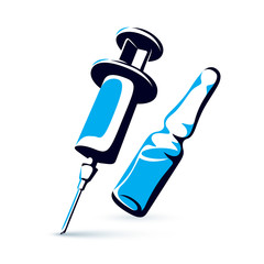 Vector graphic illustration of plastic disposable syringe for medical injections and ampoule with medicine. Antivirus vaccination concept.