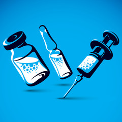 Vector graphic illustration of bottle, ampoule with medicine and medical syringe for injections. Antivirus vaccination concept.