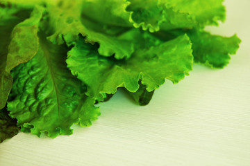 The leaves of green salad on the white wooden background.