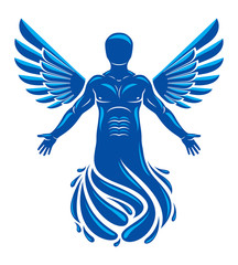 Vector illustration of human being deriving from water and composed with bird wings. Human and nature coexistence, freedom and liberty idea.