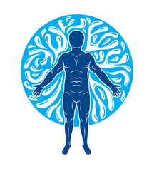 Vector graphic illustration of strong male, body silhouette surrounded by a water ball. Living in harmony with nature.