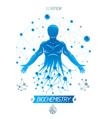 Athletic man vector illustration made using futuristic molecular connections. Human as the object of biochemistry research, genetic engineering.
