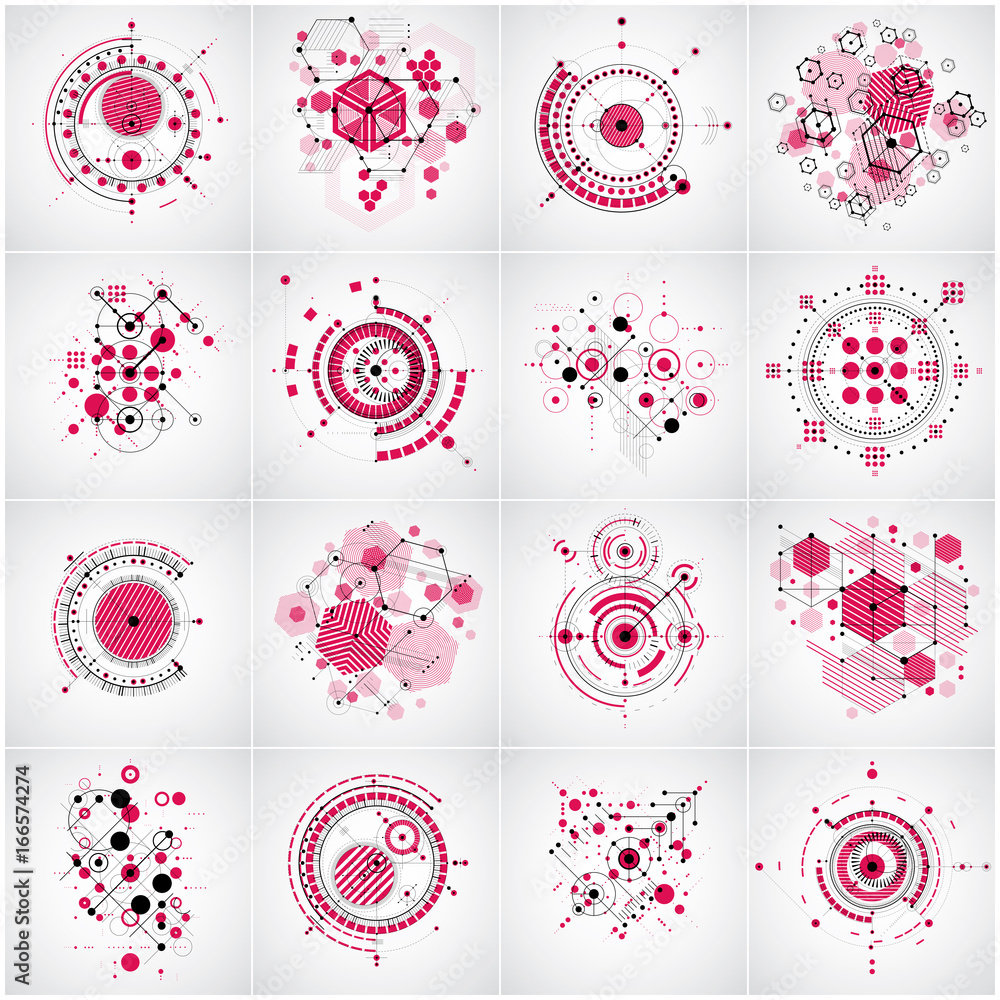 Aufkleber bauhaus art. set of modular vector wallpapers made using hexagons and circles. retro style patterns,