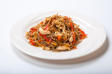 Italian pasta with chicken and peppers in a white plate on a light background