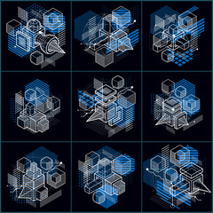 Lines and shapes abstract vector isometric 3d backgrounds. Layouts of cubes, hexagons, squares, rectangles and different abstract elements. Vector collection.